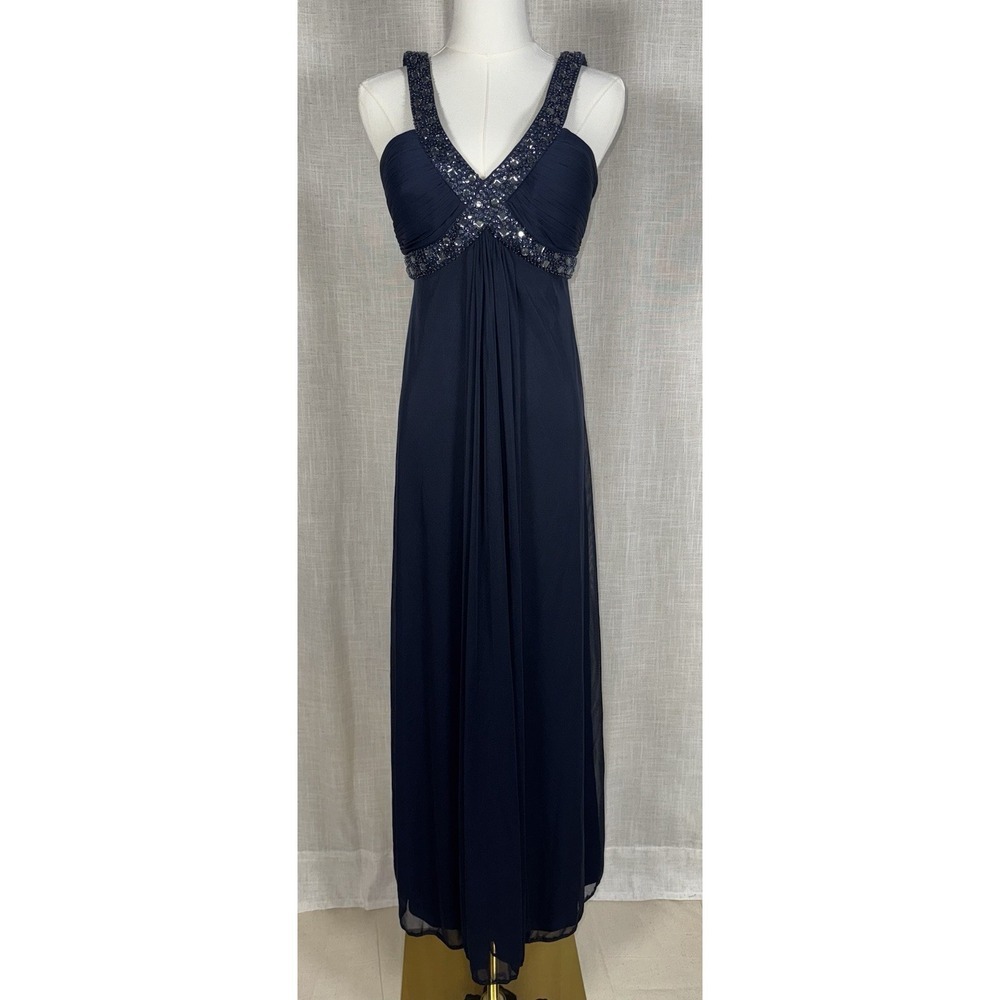 VTG Cache 90's Y2K Women's Sz 2 Blue Navy Long Formal Dress Beaded